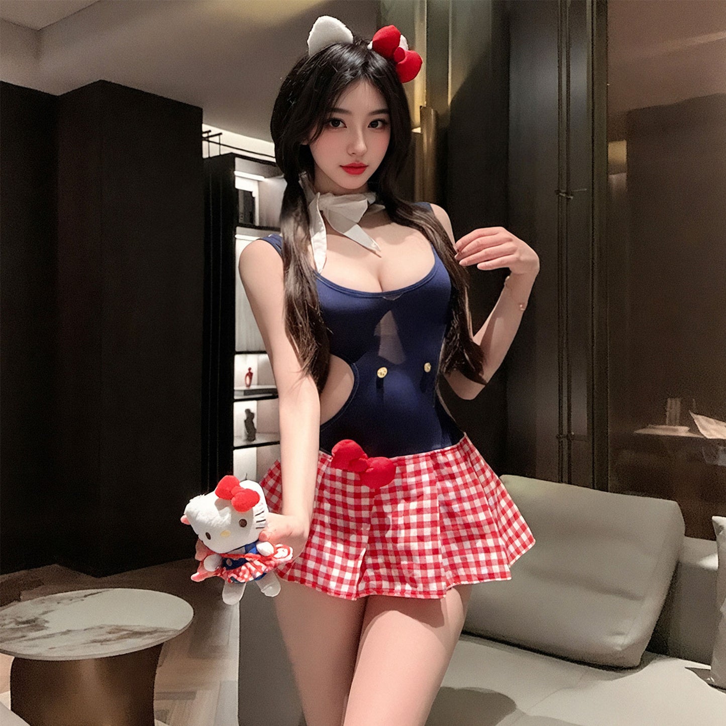 Fee Et Moi - Kitty Plaid Cut-Out Costume Dress with Choker One Size