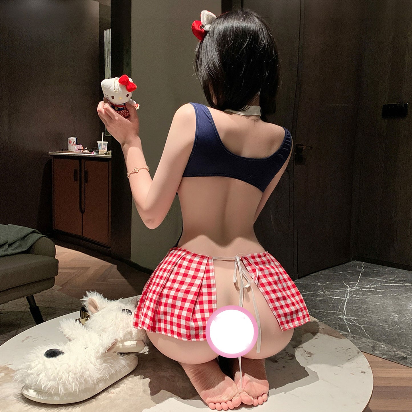 Fee Et Moi - Kitty Plaid Cut-Out Costume Dress with Choker One Size