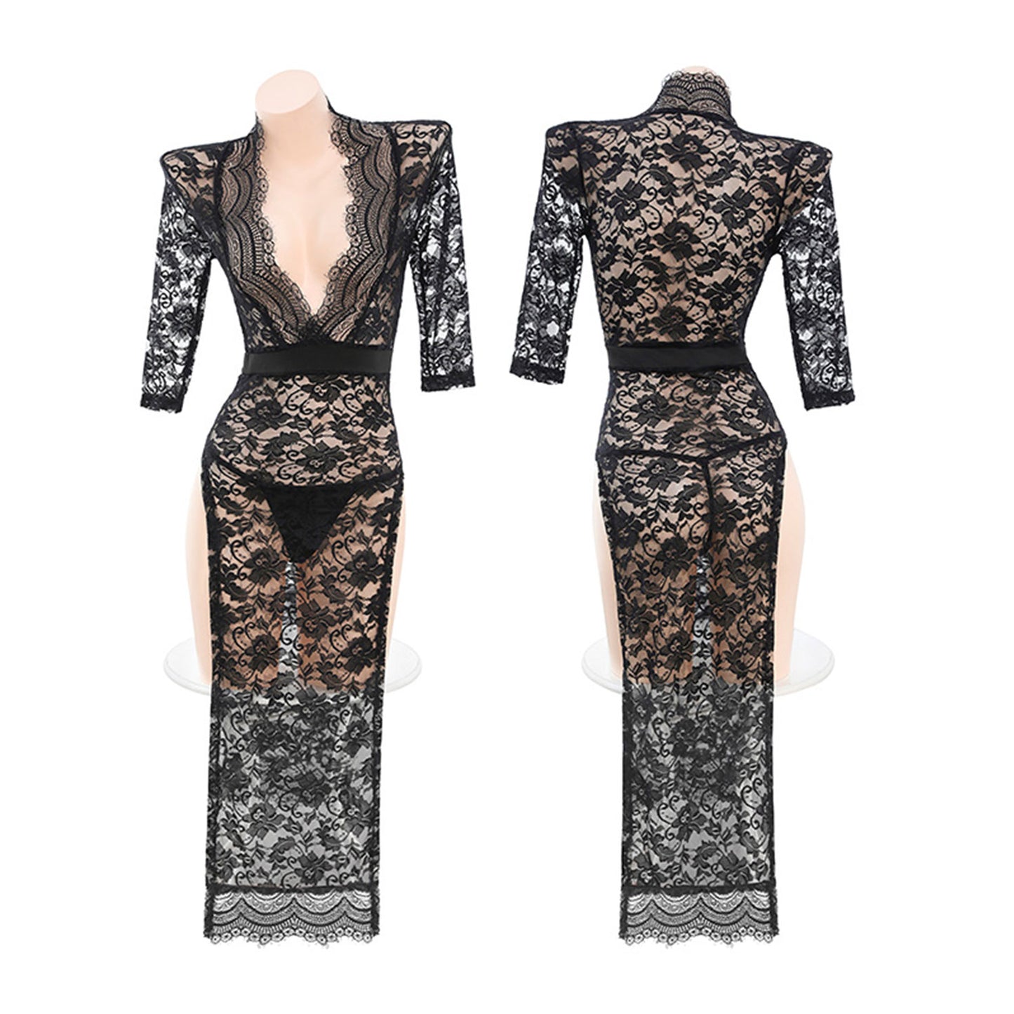 Fee Et Moi - Deep V High Slit Sheer Lace Long Dress Black Plus Size