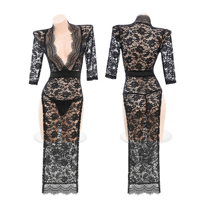 Fee Et Moi - Deep V High Slit Sheer Lace Long Dress Black Plus Size