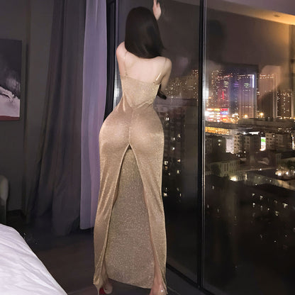 Fee Et Moi - Gold Shimmer Split Evening Lingerie Dress One Size