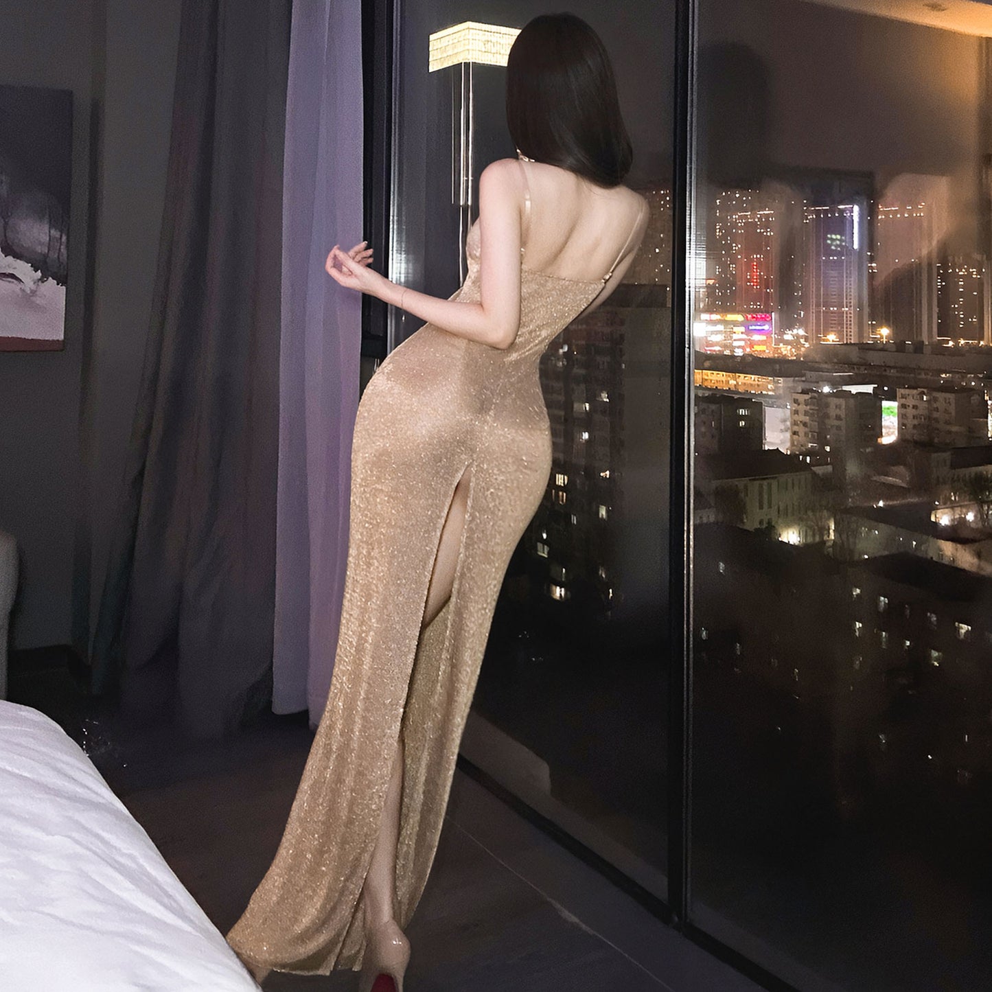Fee Et Moi - Gold Shimmer Split Evening Lingerie Dress One Size
