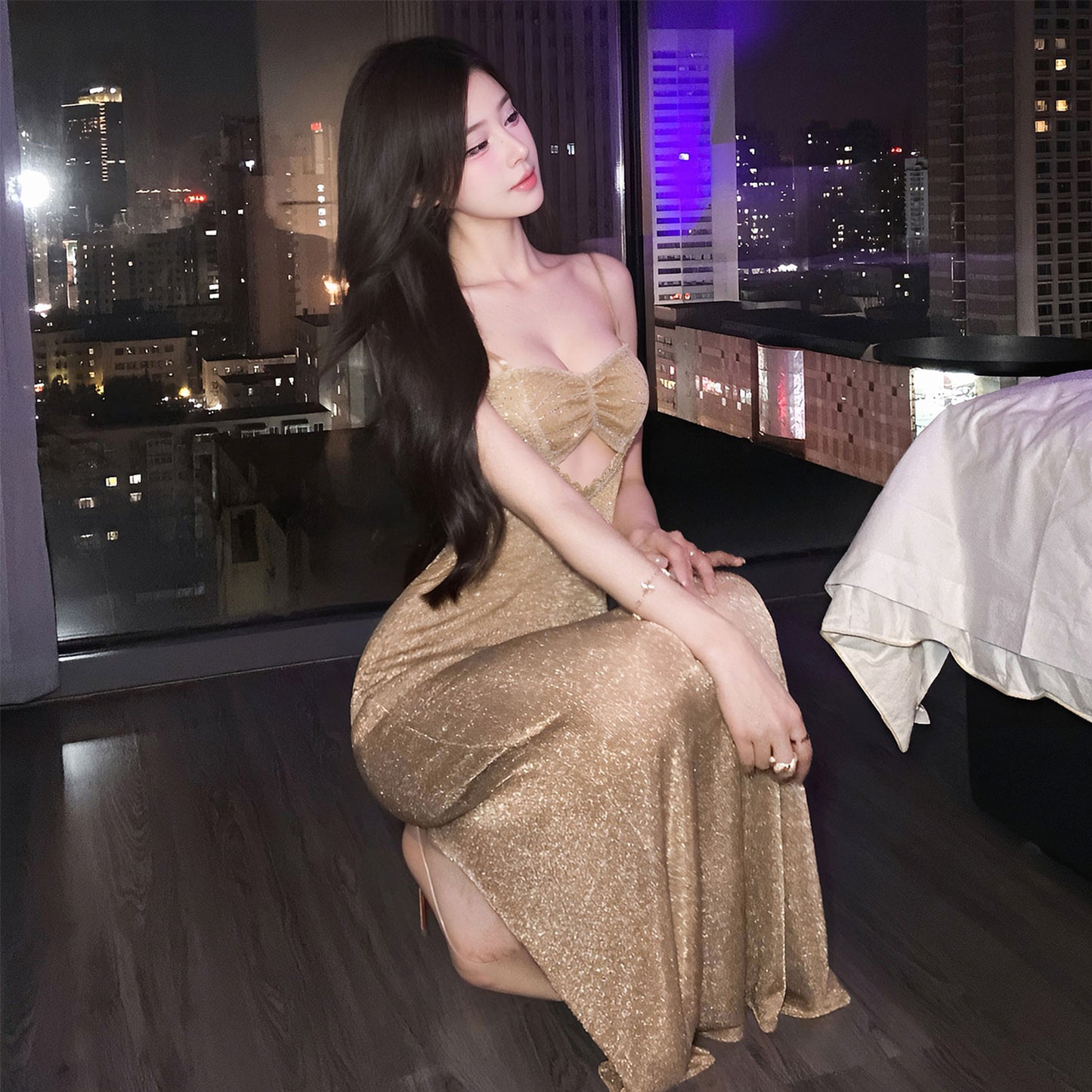 Fee Et Moi - Gold Shimmer Split Evening Lingerie Dress One Size