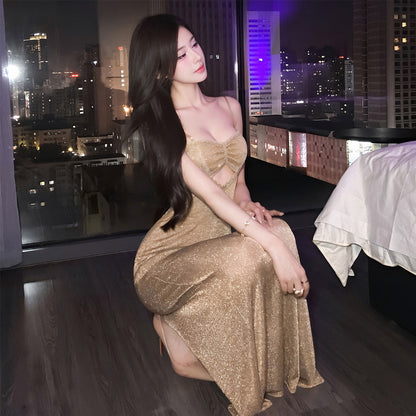 Fee Et Moi - Gold Shimmer Split Evening Lingerie Dress One Size