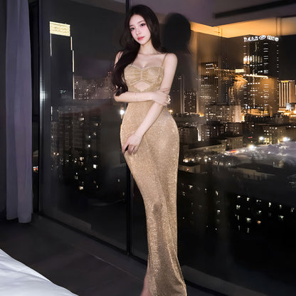 Fee Et Moi - Gold Shimmer Split Evening Lingerie Dress One Size