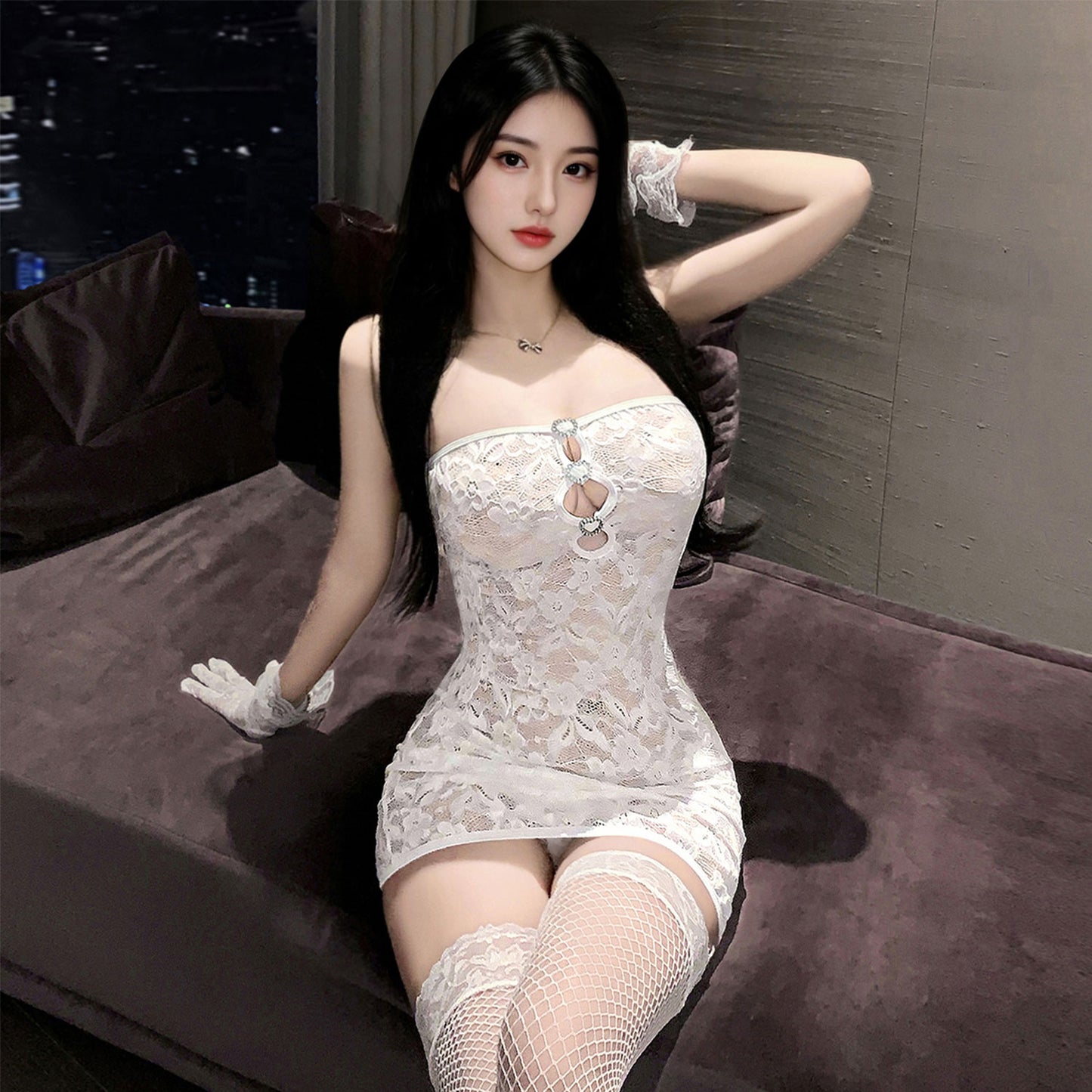Fee Et Moi - Strapless Hollow Lace Hip-Hugging Dress White One Size