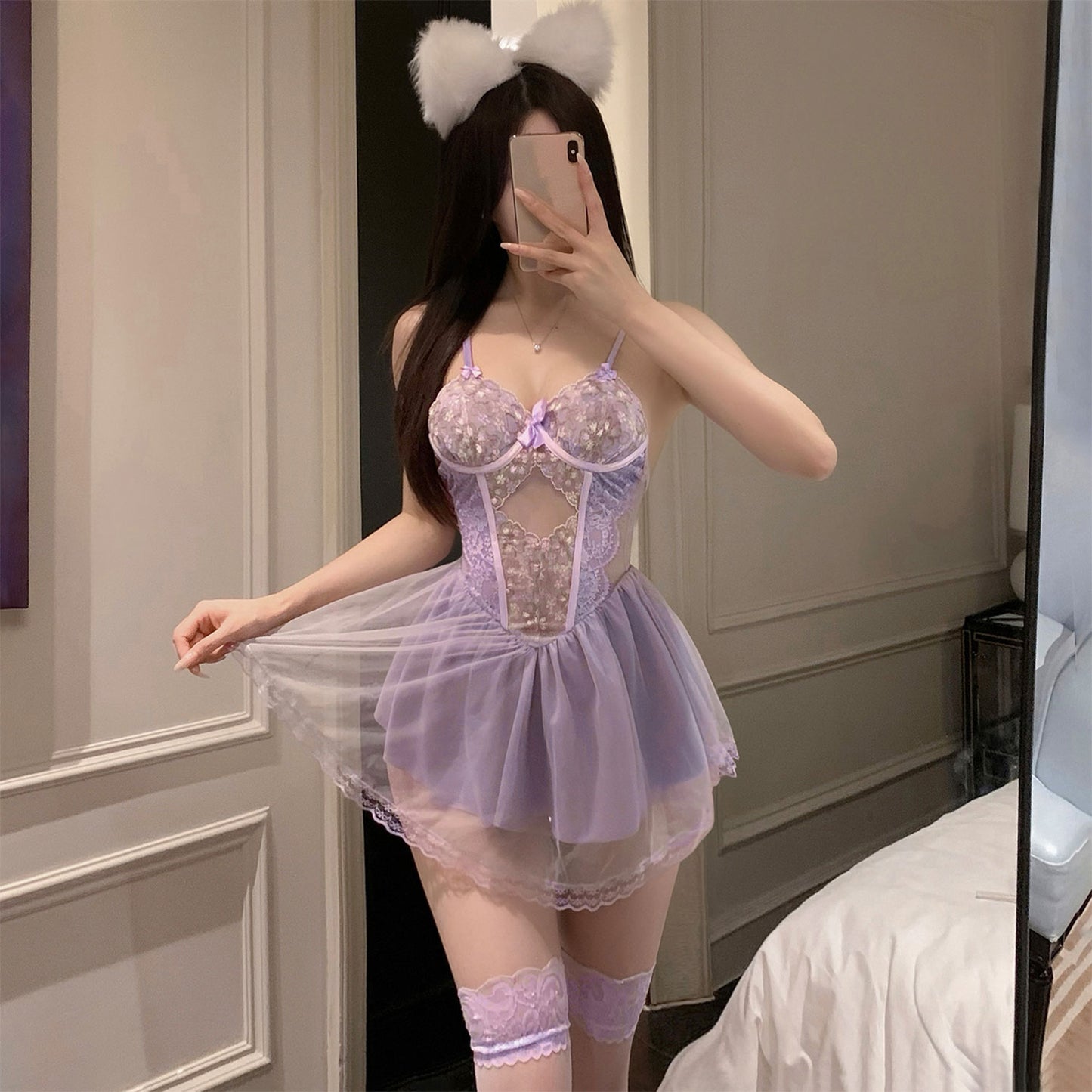 Fee Et Moi - Purple Dream Lace Mesh Babydoll Dress