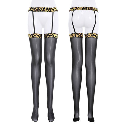 Fee Et Moi - Leopard Trim Sheer Thigh-High Stockings with Garter Belt