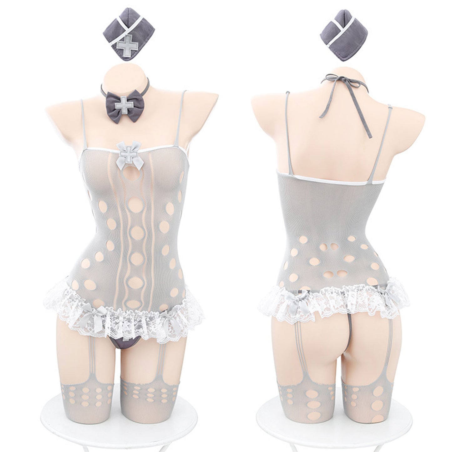 Fee Et Moi - Chic Grey Mesh Nurse-Inspired Lingerie Set
