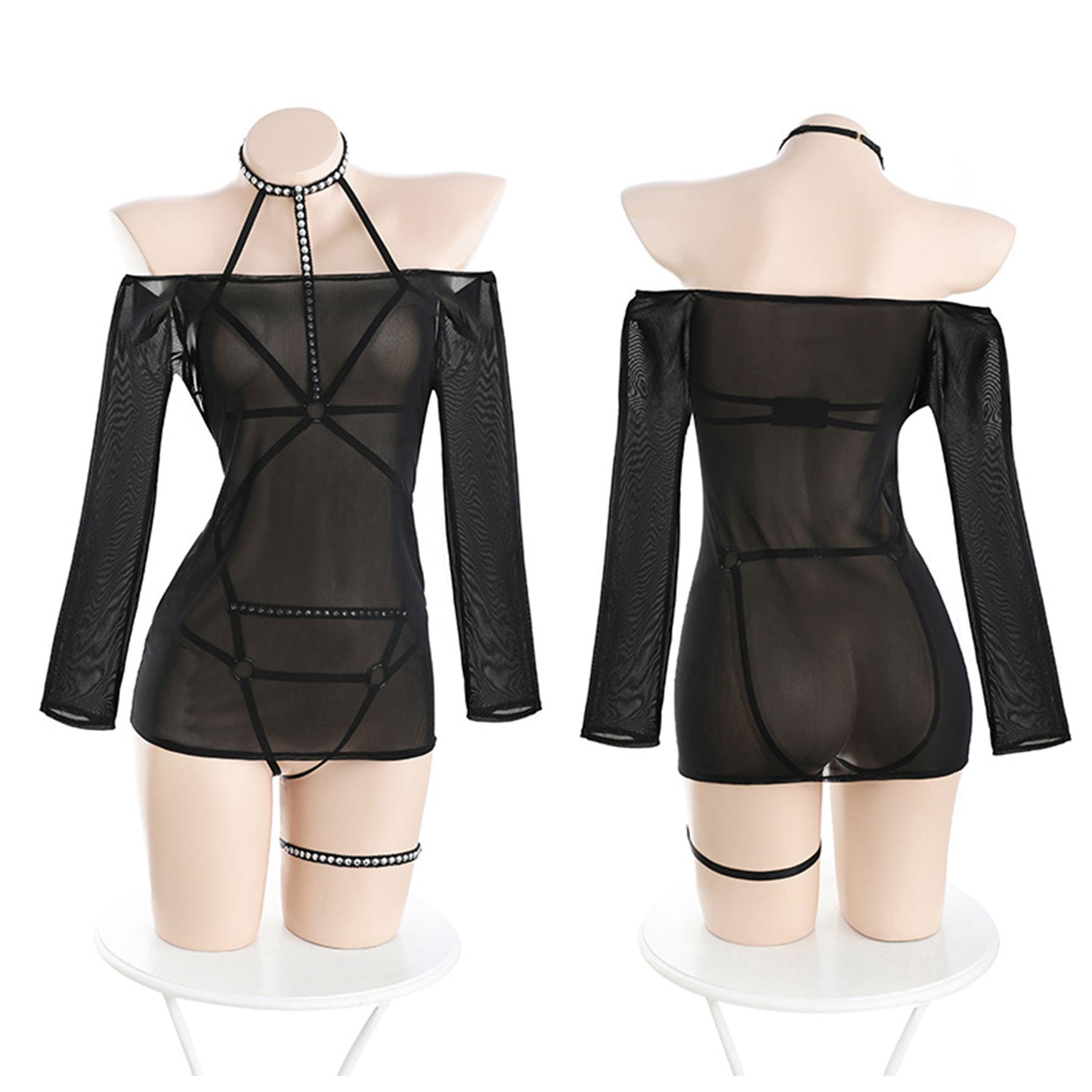 Fee Et Moi - Sheer Mesh Bodysuit Set with Garters Black Plus Size