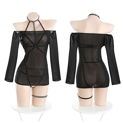 Fee Et Moi - Sheer Mesh Bodysuit Set with Garters Black Plus Size