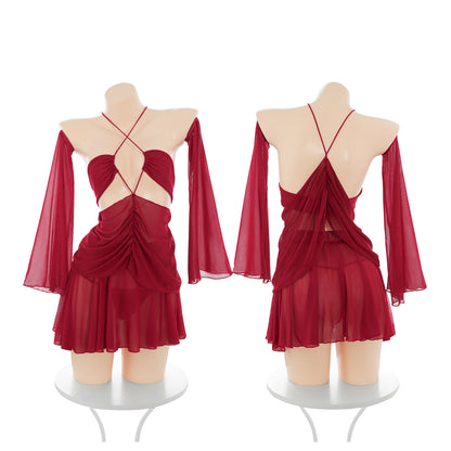 Fee Et Moi - Sexy Red Sheer Cutout Ruched Mini Dress
