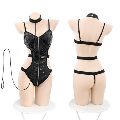 Fee Et Moi - Seductive Strappy Wet-Look Bodysuit Black