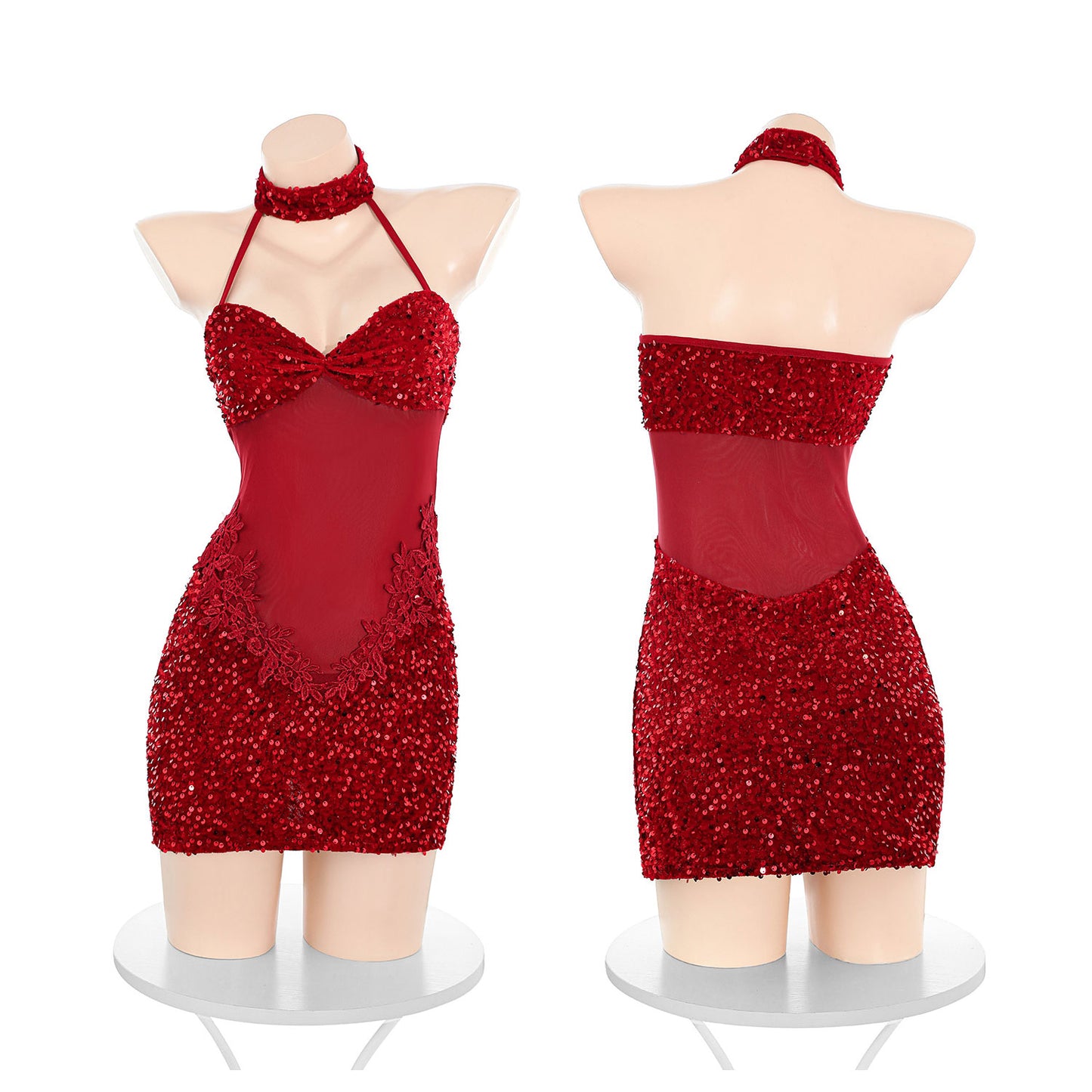 Fee Et Moi - Sequined Desire Halter Mini Dress Red One Size