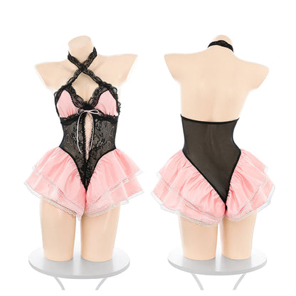 Fee Et Moi - Sheer Lace Bodysuit Skirt Set One Size