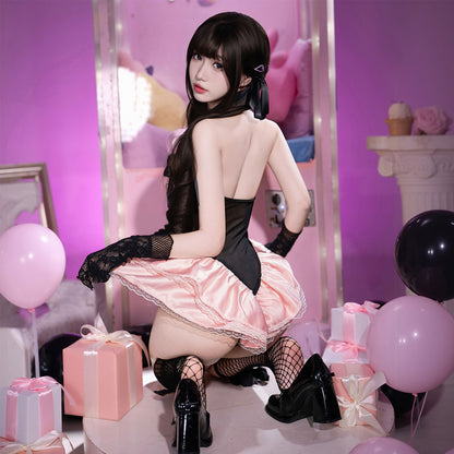 Fee Et Moi - Sheer Lace Bodysuit Skirt Set One Size