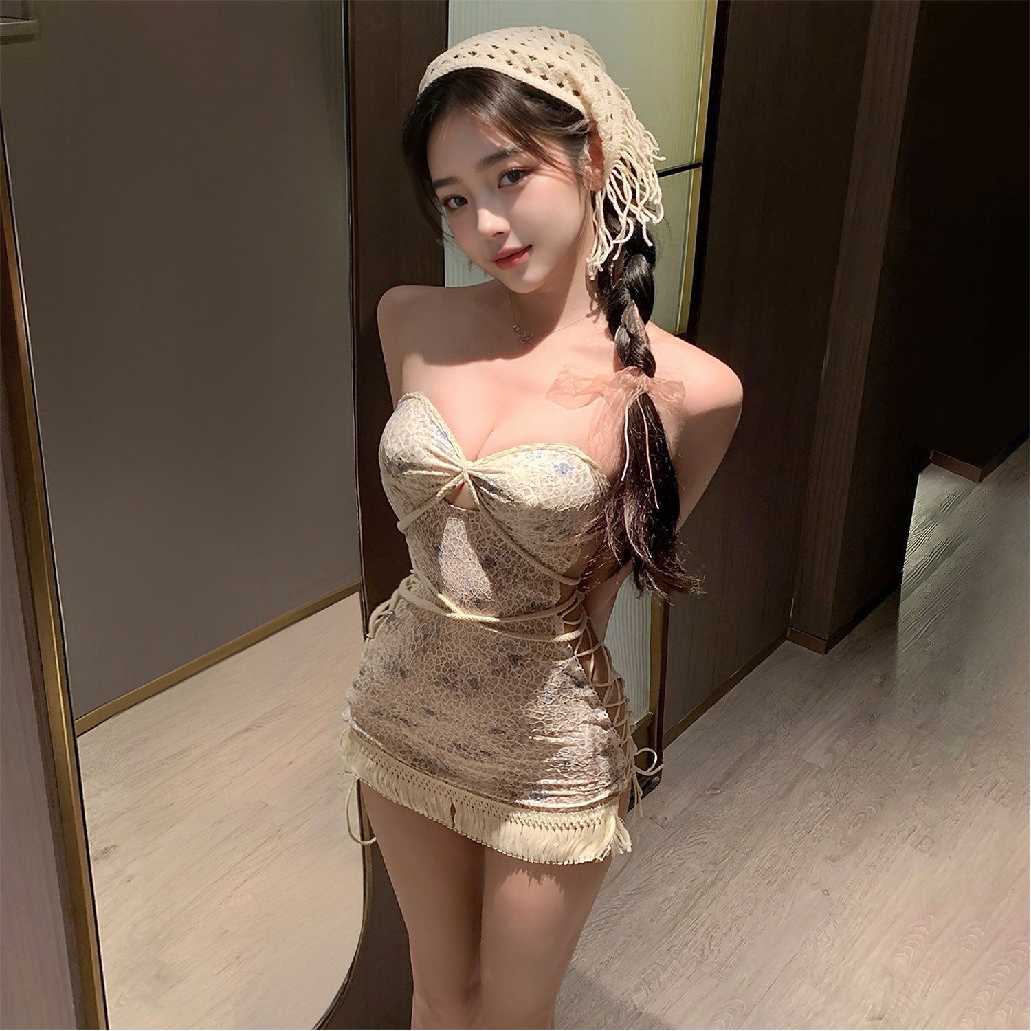 Fee Et Moi - Boho Lace Fringe Halter Mini Lingerie Dress Set