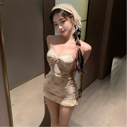 Fee Et Moi - Boho Lace Fringe Halter Mini Lingerie Dress Set