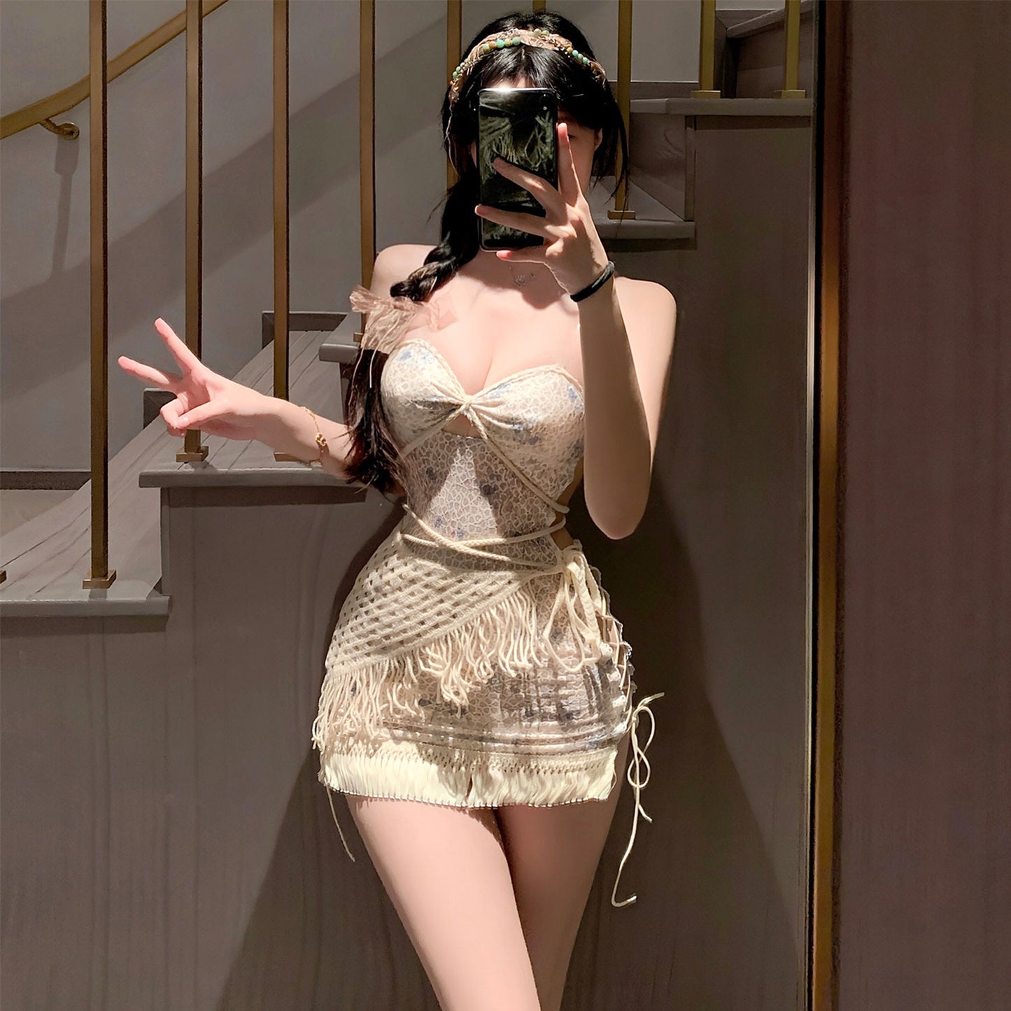 Fee Et Moi - Boho Lace Fringe Halter Mini Lingerie Dress Set