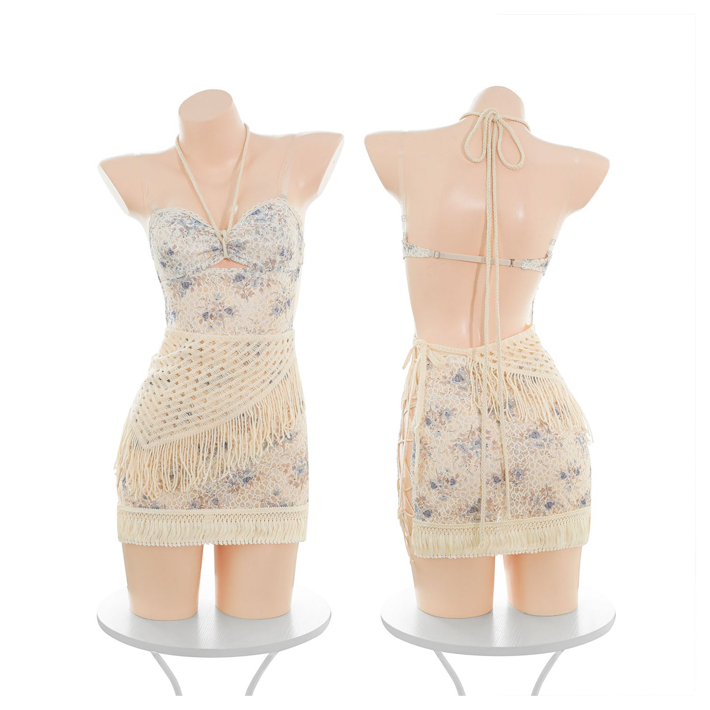 Fee Et Moi - Boho Lace Fringe Halter Mini Lingerie Dress Set