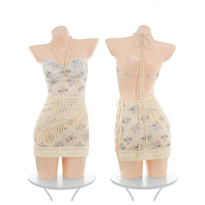 Fee Et Moi - Boho Lace Fringe Halter Mini Lingerie Dress Set