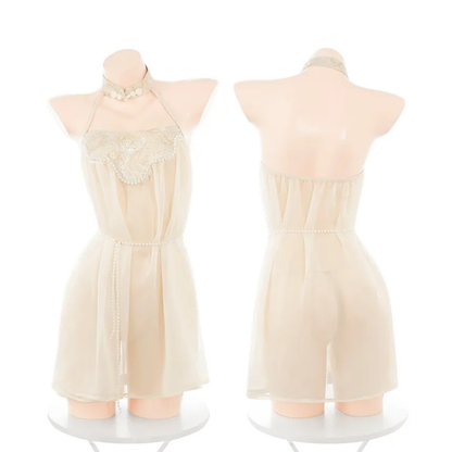 Fee Et Moi - Elegant Sheer Side-Slit Babydoll Dress with Waist Chain