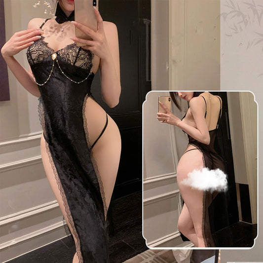 Fee Et Moi - Lace Slit Chemise with Choker Detail Black One Size