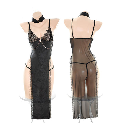 Fee Et Moi - Lace Slit Chemise with Choker Detail Black One Size