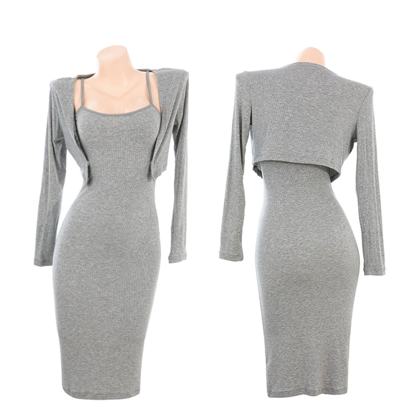 Fee Et Moi - Gaun Lingerie Bodycon dengan Kardigan Kelabu