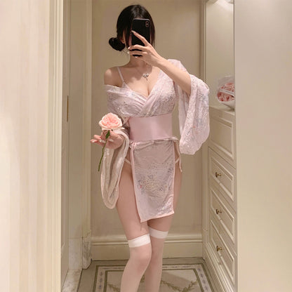 Fee Et Moi - Japanese Style Embroidered Kimono Pink One Size