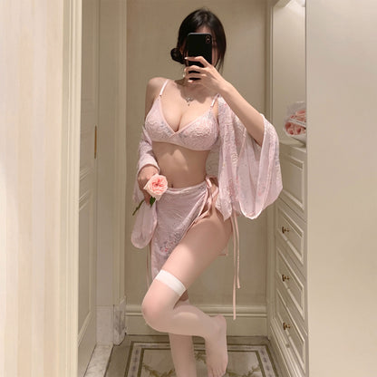 Fee Et Moi - Japanese Style Embroidered Kimono Pink One Size