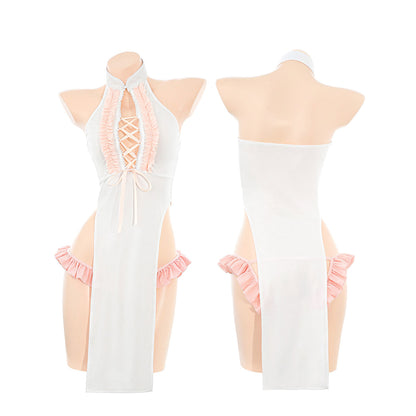 Fee Et Moi - Lace-Up Halter Cheongsam Dress Set One Size