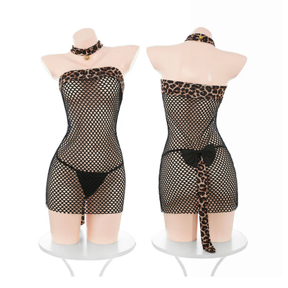 Fee Et Moi - Leopard Fishnet Dress with Tail Lingerie Set