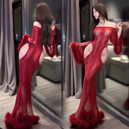 Fee Et Moi - Sheer Off-Shoulder Long Dress with Feather Trim One Size