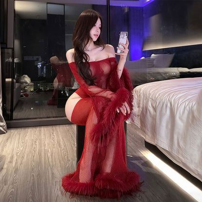 Fee Et Moi - Sheer Off-Shoulder Long Dress with Feather Trim One Size