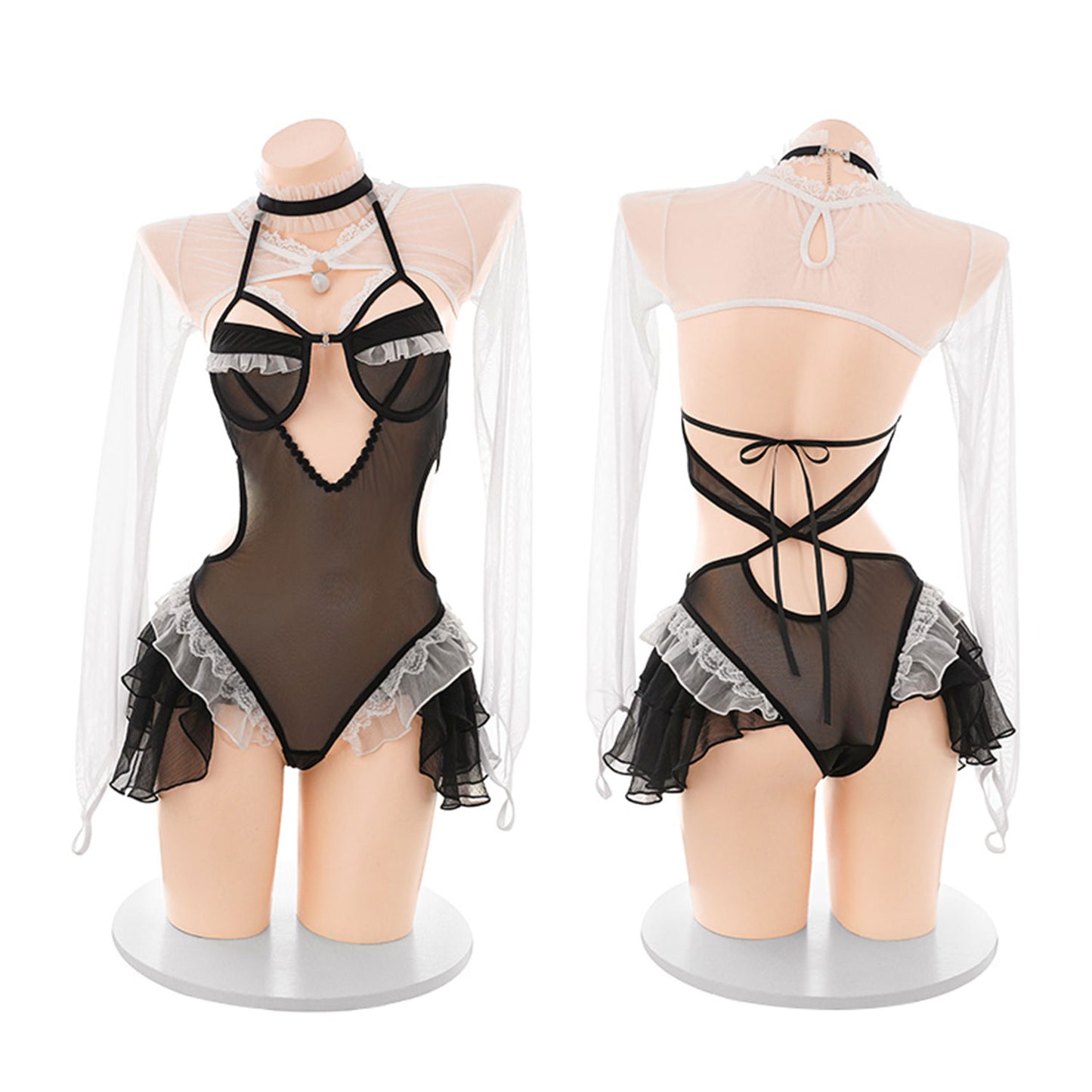 Fee Et Moi - Sheer Lace Cut-Out Maid Ruffle Bodysuit