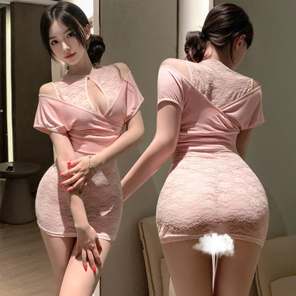 Fee Et Moi - Mini Dress Cheongsam Lutsinar Lace Merah Jambu Saiz Satu
