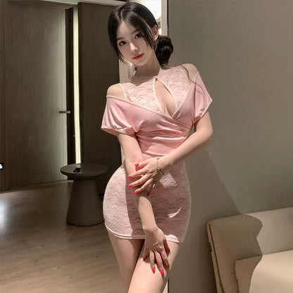 Fee Et Moi - Mini Dress Cheongsam Lutsinar Lace Merah Jambu Saiz Satu