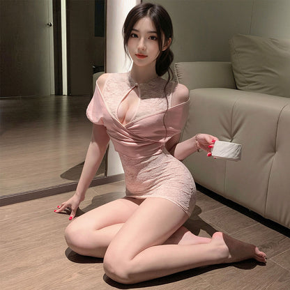 Fee Et Moi - Mini Dress Cheongsam Lutsinar Lace Merah Jambu Saiz Satu