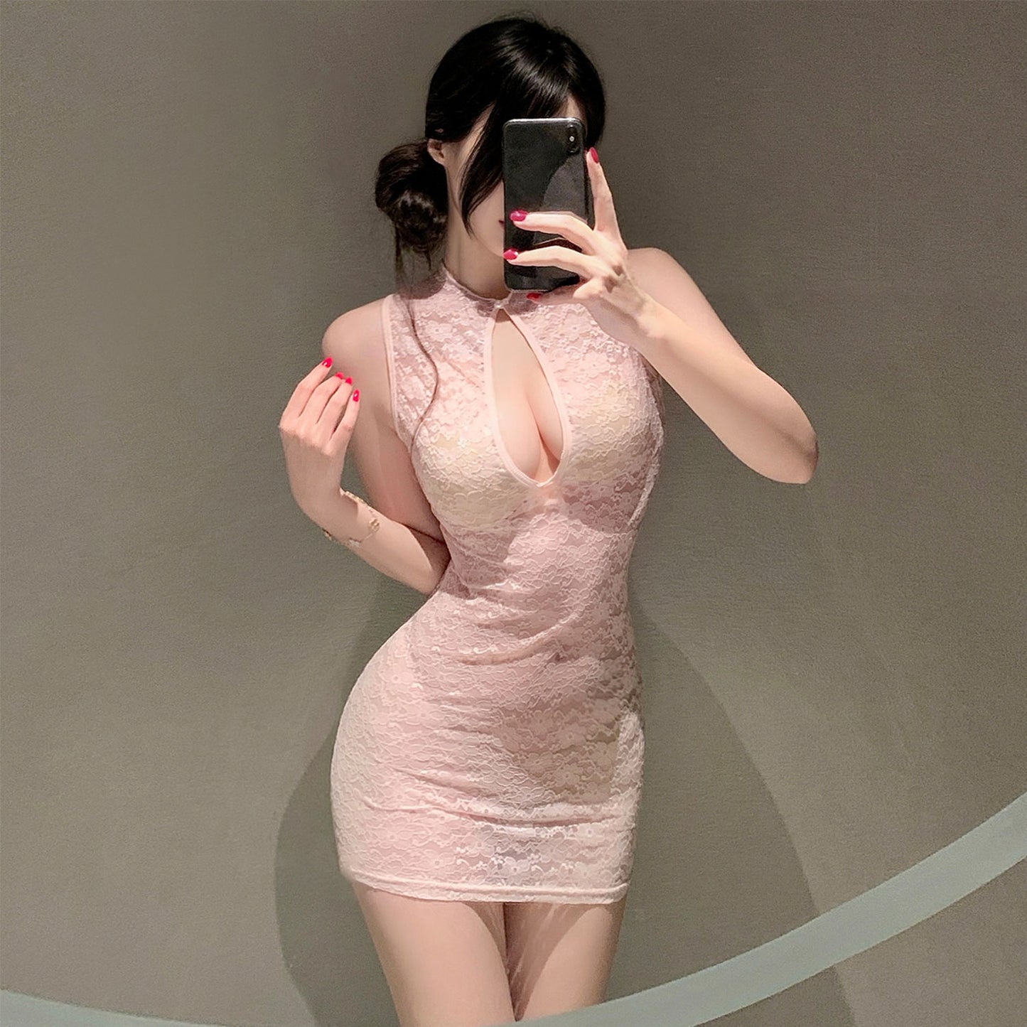 Fee Et Moi - Mini Dress Cheongsam Lutsinar Lace Merah Jambu Saiz Satu