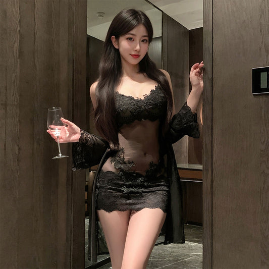 Fee Et Moi - Romantic Floral Lace with Robe Set Black