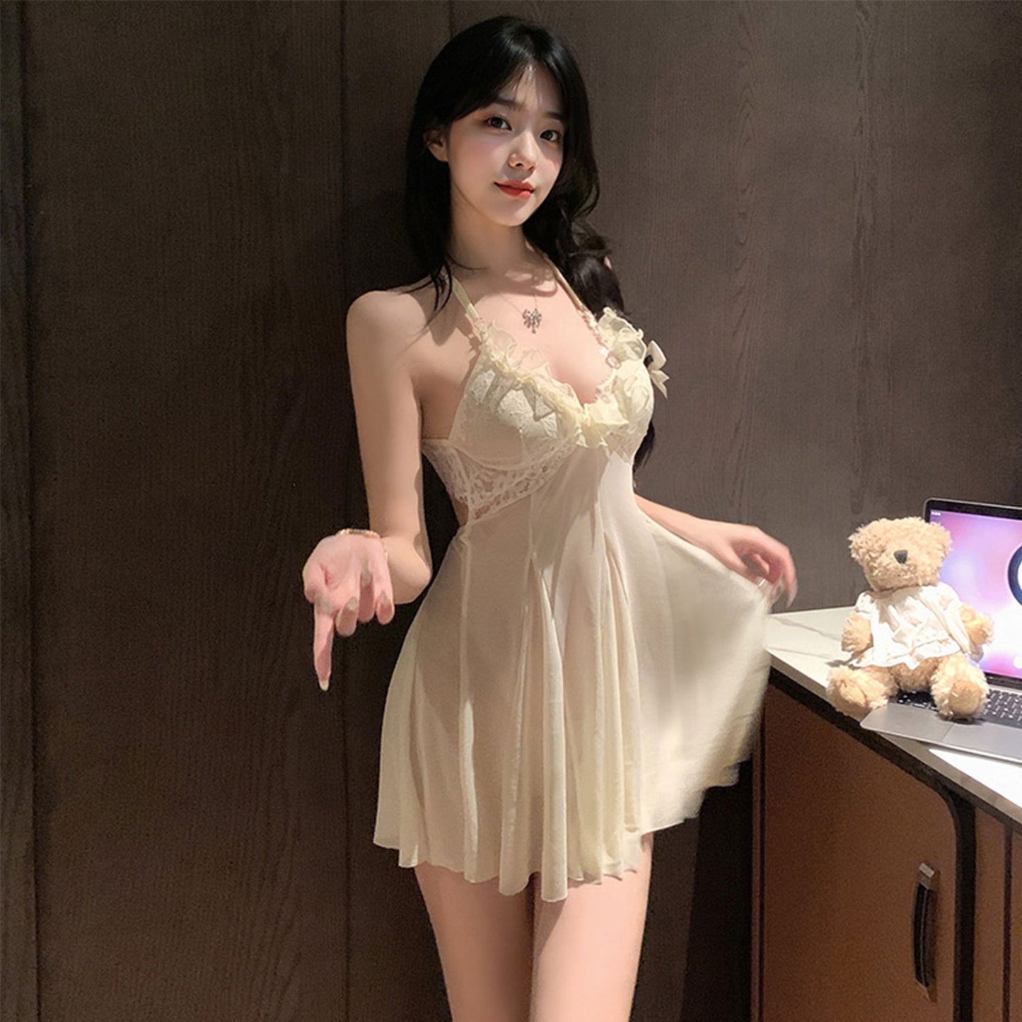 Fee Et Moi – Sheer Lace Ruffle Babydoll Nightdress