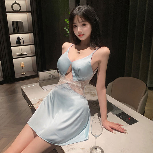 Fee Et Moi - Allure Backless Lace-Trim Nightdress Blue White