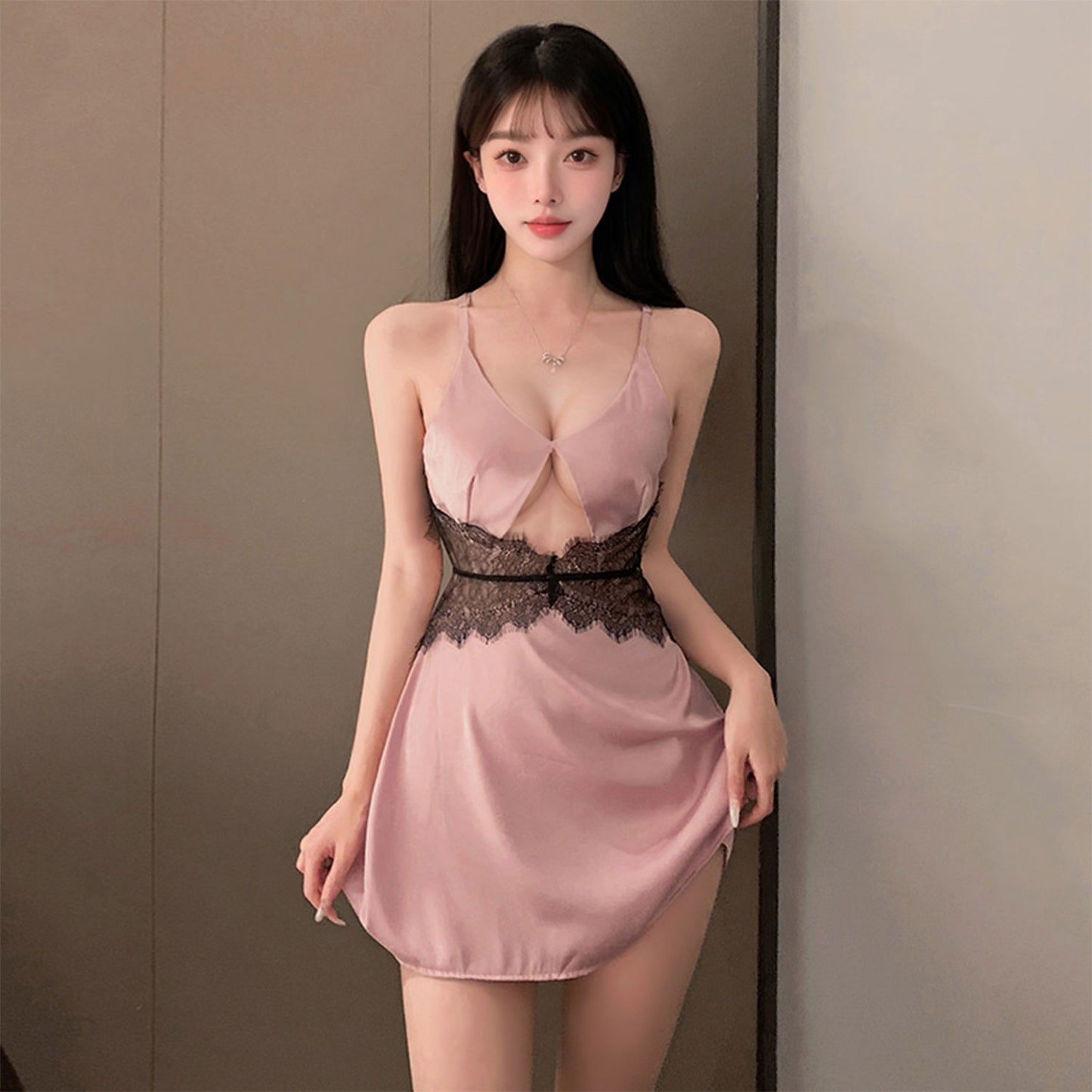 Fee Et Moi - Allure Backless Lace-Trim Nightdress Pink Black