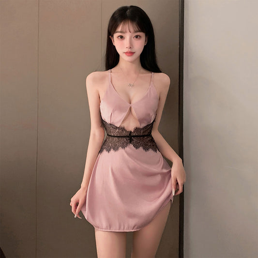 Fee Et Moi - Allure Backless Lace-Trim Nightdress Pink Black