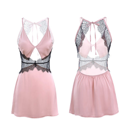 Fee Et Moi - Allure Backless Lace-Trim Nightdress Pink Black