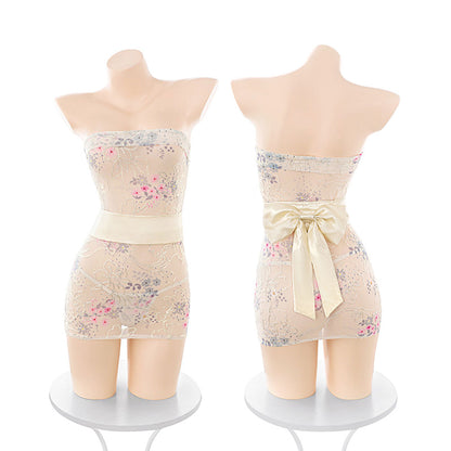 Fee et Moi - Floral Embroidered Mesh Kimono Tube Dress Yellow