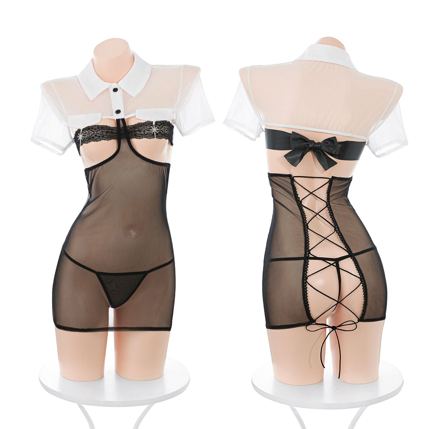 Fee Et Moi - Sheer Lace-Trim Collared Mesh Set