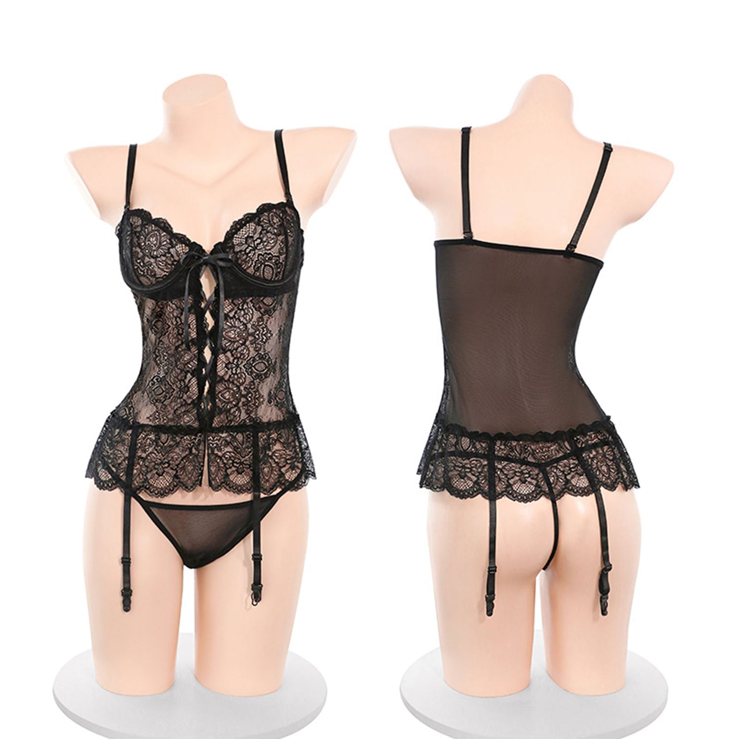 Fee Et Moi - French Lace Pearl Open Crotch Bodysuit White One Size