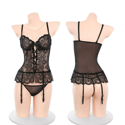 Fee Et Moi - French Lace Pearl Open Crotch Bodysuit White One Size
